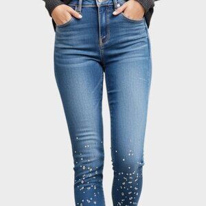 Juniors Jeans Size 15 Blue Rhinestone Slim Fit Tapered Ankle Denim Festival Y2K